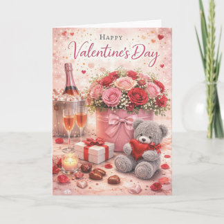 Valentine’s Day Card – Romantic Teddy Bear & Roses