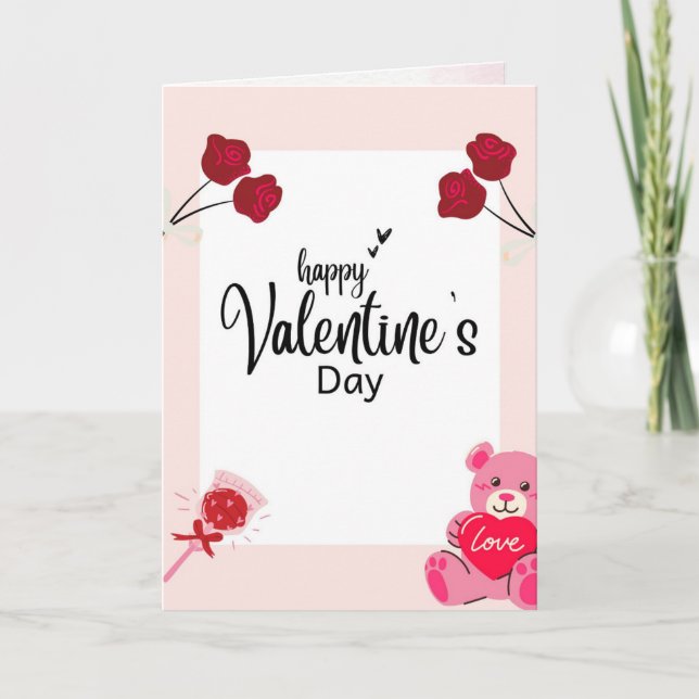 Valentine’s Day Card with Red Roses & Teddy Bear (Front)