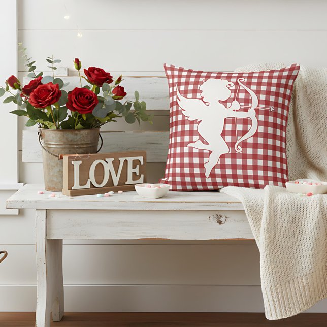 Valentine’s Day Cupid Red and White Plaid Gingham Cushion (Creator Uploaded)