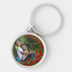 Valentine’s day Gold Calligraphy Red Roses Photo Key Ring