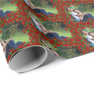Valentine’s day Gold Calligraphy Red Roses Photo Wrapping Paper