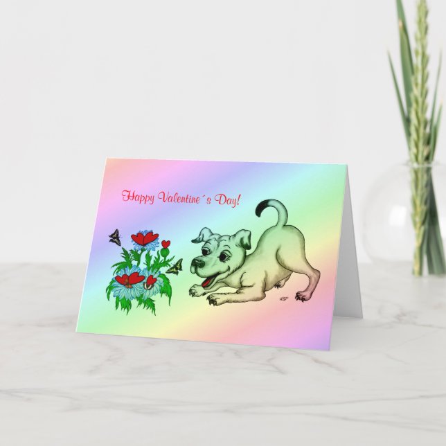 Valentine´s Day, Heart, Flower, Puppy & Butterfly Holiday Card (Front)