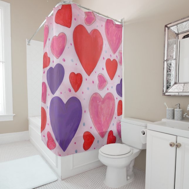 Valentine’s Day Hearts in Pink, Purple & Red Shower Curtain (In Situ)