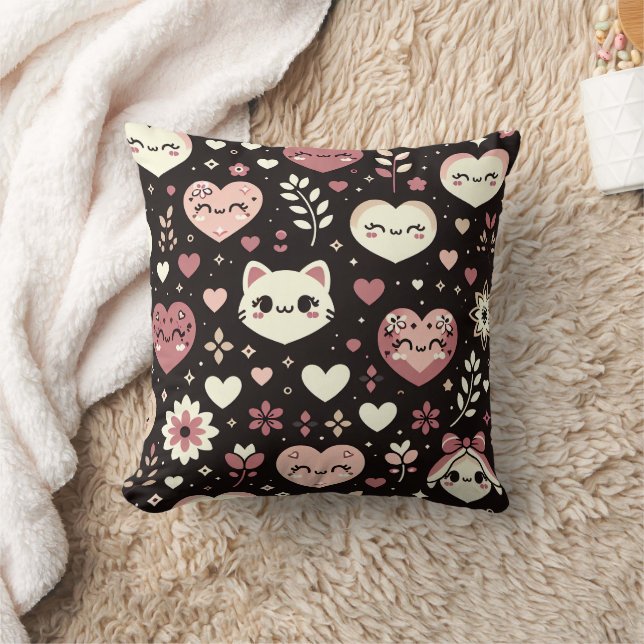Valentine’s Day Kawaii Cats Hearts Flower Pattern Cushion (Blanket)