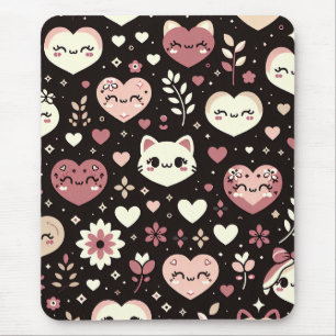 Valentine’s Day Kawaii Cats Hearts Flower Pattern Mouse Pad