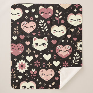 Valentine’s Day Kawaii Cats Hearts Flower Pattern Sherpa Blanket