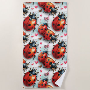 Valentine`s Day Ladybug Love Pattern Beach Towel