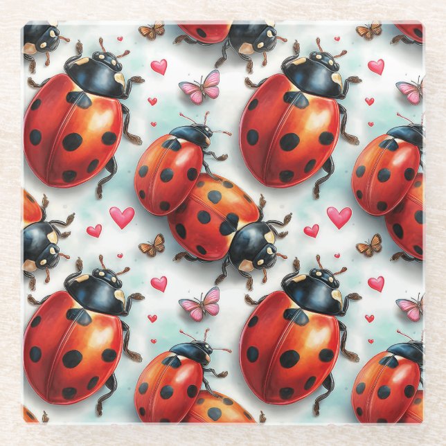 Valentine`s Day Ladybug Love Pattern Glass Coaster (Front)