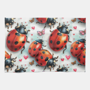 Valentine`s Day Ladybug Love Pattern Tea Towel