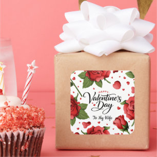 Valentine`s Day Romantic Red Rose Hearts Floral Square Sticker