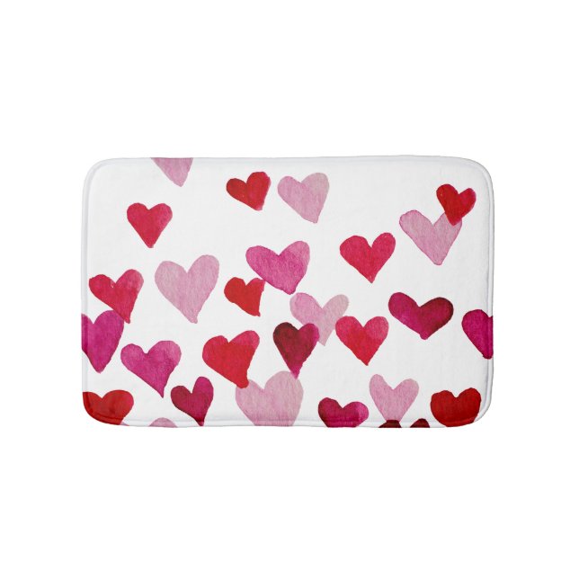 Valentine’s Day Watercolor Hearts – pink Bath Mat (Front)