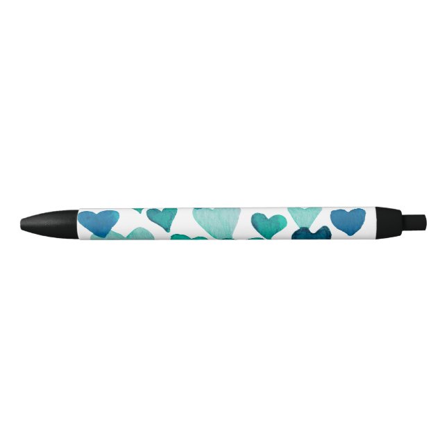 Valentine’s Day Watercolor Hearts – turquoise Black Ink Pen (Front)