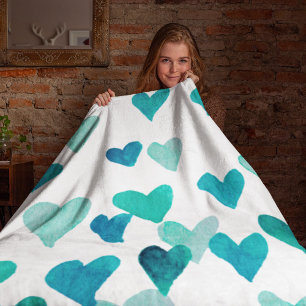 Valentine’s Day Watercolor Hearts – turquoise Fleece Blanket