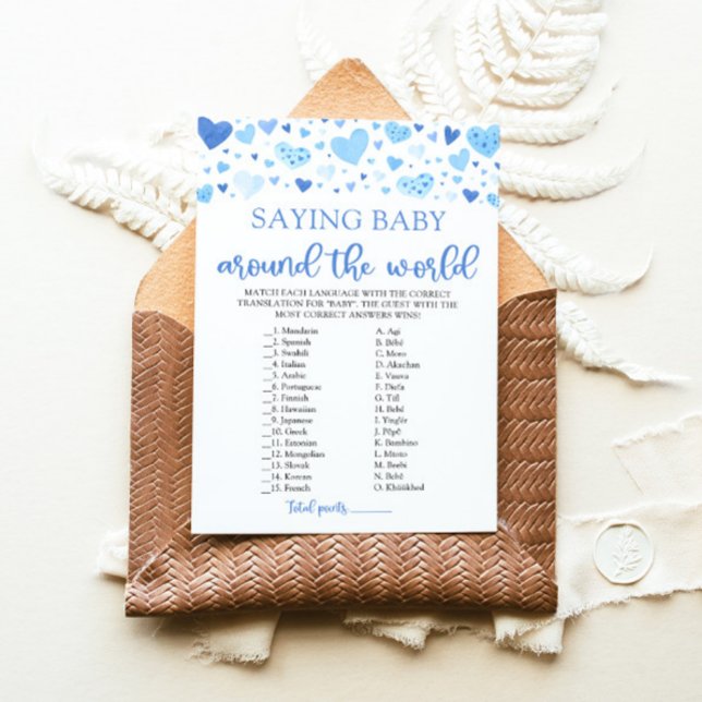 Valentine Saying Baby Around The World Game Invitation (Watercolor Cute Blue Hearts Valentine Sweetheart  Boy Saying Baby Around The World Baby Shower Game)