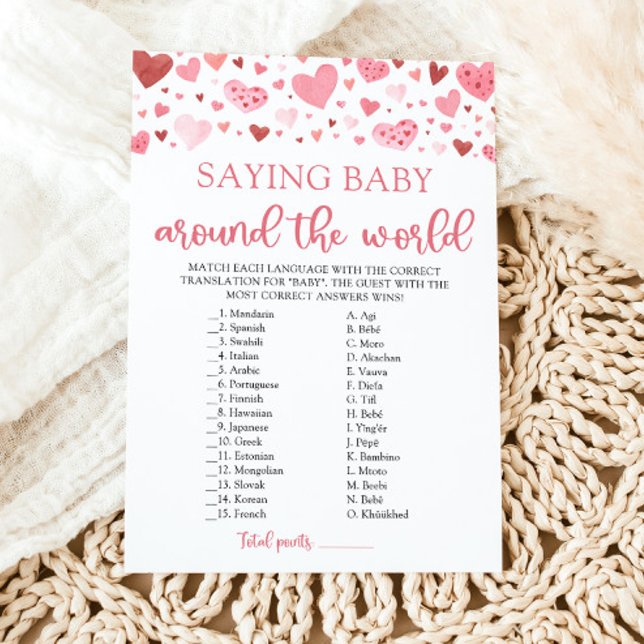 Valentine Saying Baby Around The World Game Invitation (Watercolor Pink Red Hearts Valentine Sweetheart Girl Saying Baby Around The World Baby Shower Game)