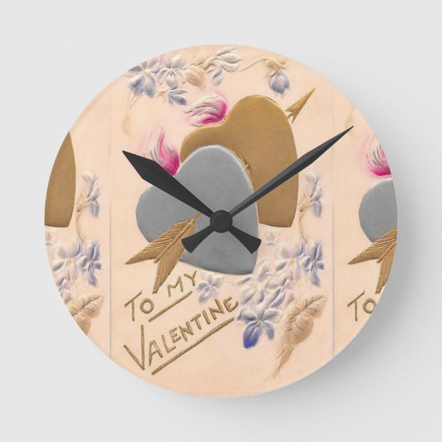 Valentine Silver and Gold Hearts Antique Postcard Round Clock (Front)