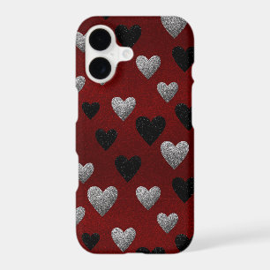 Valentine Silver Black Glitter Hearts on Burgundy