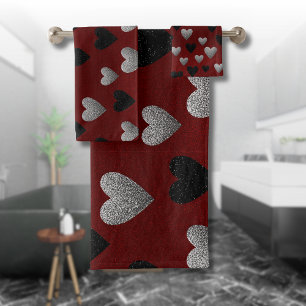 Valentine Silver Black Glitter Hearts on Burgundy Bath Towel Set