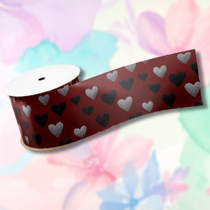 Valentine Silver Black Glitter Hearts on Burgundy Satin Ribbon