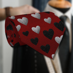 Valentine Silver Black Glitter Hearts on Burgundy Tie