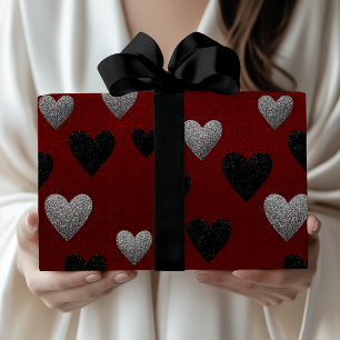 Valentine Silver Black Glitter Hearts on Burgundy Wrapping Paper