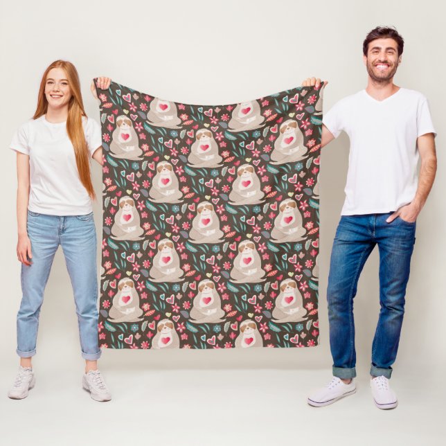 Valentine Sloth Pattern Fleece Blanket (In Situ)
