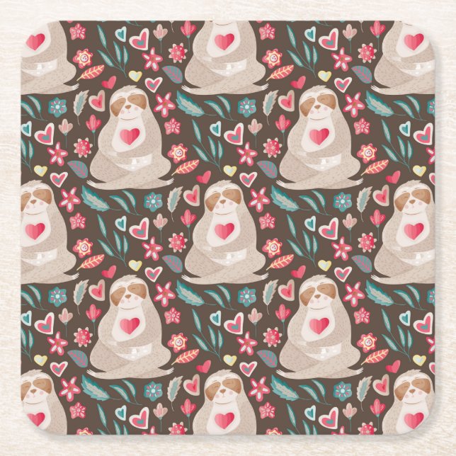 Valentine Sloth Pattern Square Paper Coaster (Front)