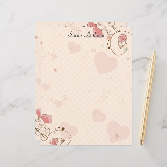Valentine Soft Hearts Flowers Stationary Paper (Front/Back In Situ)