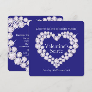 Valentine soirée diamonds heart blue party invite