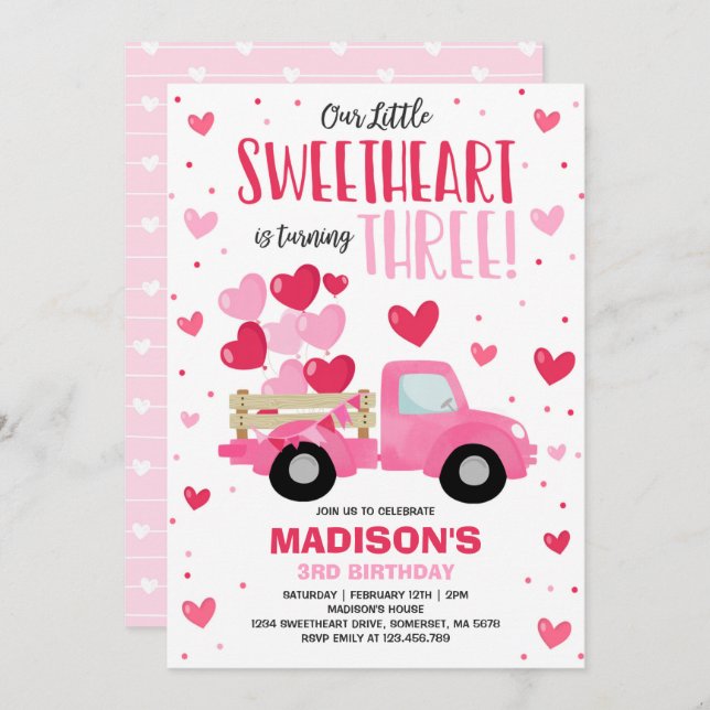 Valentine Sweetheart 3rd Birthday Pink Red Truck Invitation (Front/Back)