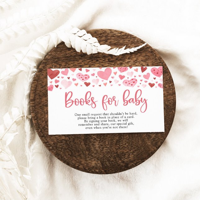 Valentine Sweetheart Baby Shower Books for Baby Enclosure Card (Watercolor Cute Valentine Pink and Red Hearts Baby Shower Books for baby Game Ticket)