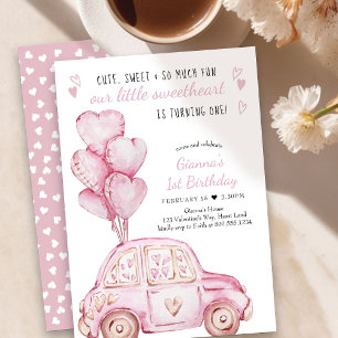 Valentine Sweetheart Pink Balloons 1st Birthday Invitation