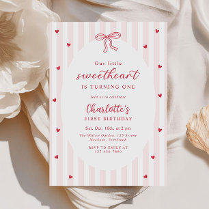 Valentine Sweetheart Pink Red Hearts 1st Birthday Invitation
