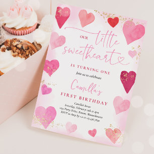 Valentine Sweetheart Pink Red Hearts 1st Birthday Invitation