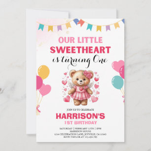 Valentine Sweetheart Pink Teddy Bear Birthday  Invitation