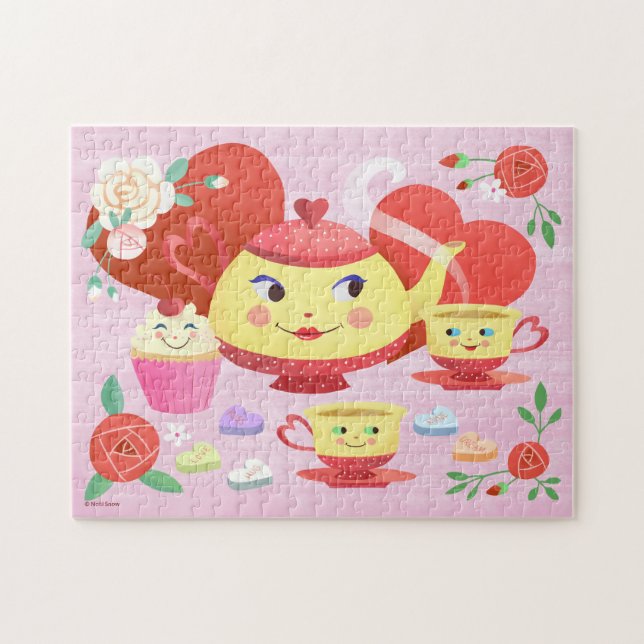 Valentine Teapot, Teacups and Roses with Hearts Jigsaw Puzzle (Horizontal)
