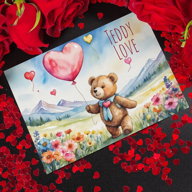 Valentine Teddy Bear Holding Heart Shaped Balloon Holiday Postcard (Creator Uploaded)