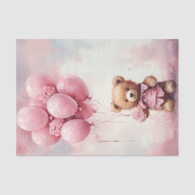 Valentine Teddy Bear Holding Pink Balloons Tissue Paper (Front)