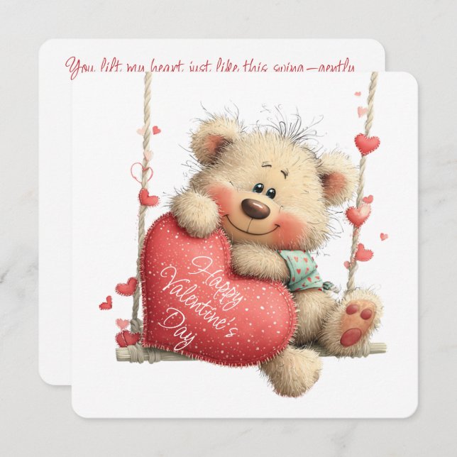 Valentine Teddy Bear on Swing with Heart  Holiday Card (Front/Back)
