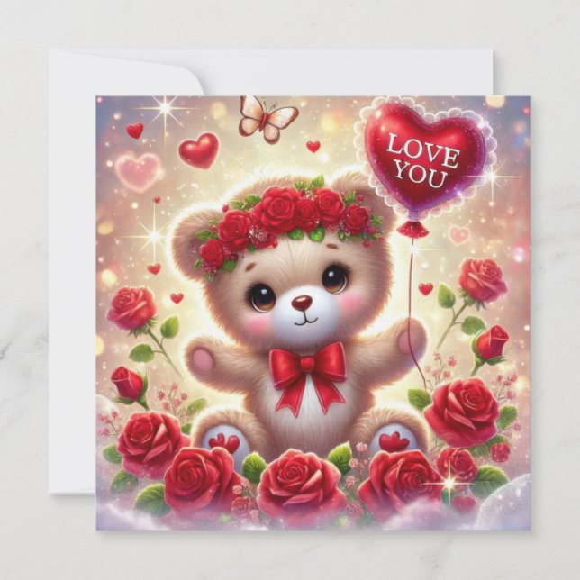 Valentine teddy bear with red balloon love you holiday card (Front)