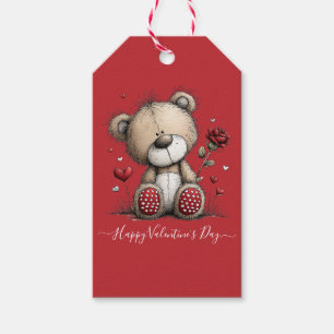 Valentine Teddy Bear with Rose and Hearts Gift Tags