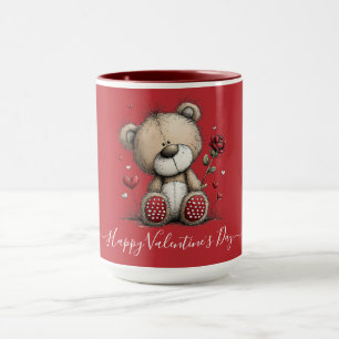 Valentine Teddy Bear with Rose and Hearts Mug