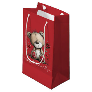 Valentine Teddy Bear with Rose and Hearts Small Gift Bag