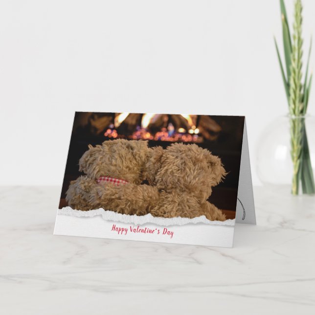Valentine teddy bears by fireplace card (Front)