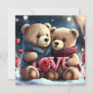 Valentine teddy bears in snow holiday card