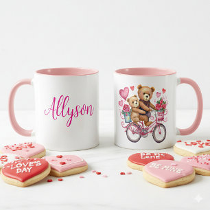 Valentine teddy bears on bicycle personalised mug
