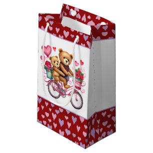 Valentine teddy bears on bicycle small gift bag