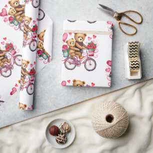 Valentine teddy bears on bicycle wrapping paper