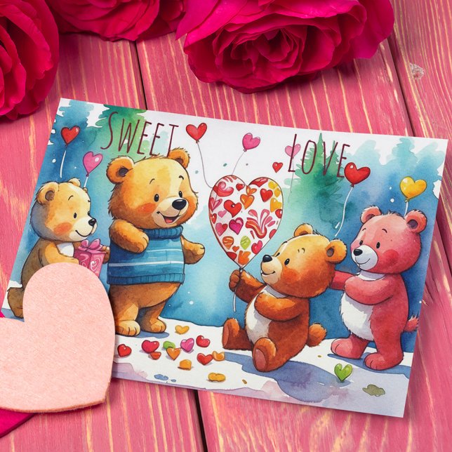 Valentine Teddy Bears Sharing Heart Shaped Candies Holiday Card (Creator Uploaded)