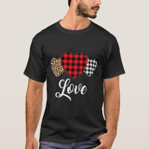 Valentine Three Hearts Leopard Buffalo Plaid Valen T-Shirt
